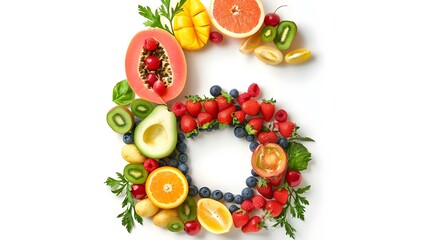 Number 6 composed of assorted fruits and vegetables