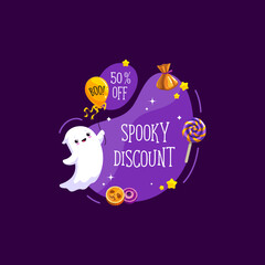 Halloween sale banner with holiday sweets and candy, kawaii ghost and amoeba blob. Isolated vector tag for seasonal discount with cute baby soul character holding boo balloon and festive desserts