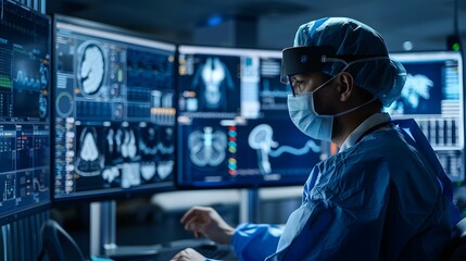 Healthcare professional in scrubs and mask monitoring