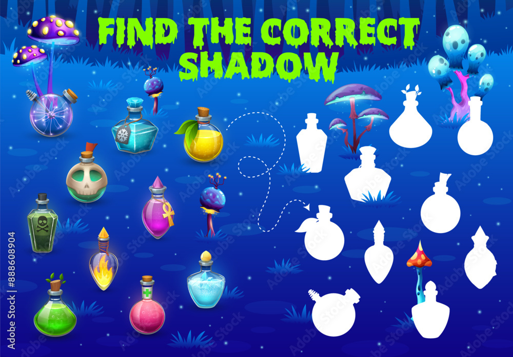 Poster halloween game, find the correct shadow of potion bottles puzzle worksheet. vector kids quiz of matc