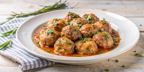 Freshly cooked meatballs in tomato sauce topped with herbs on a white plate, meatballs, fresh, tomato sauce, herbs