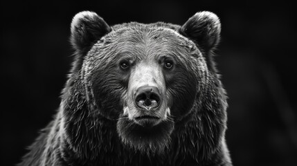 Fototapeta premium Front view of isolated brown bear on black background. Black and white image of a Kamchatka bear. Predator series.