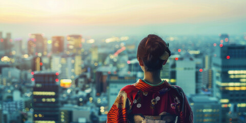 Women In Traditional Cloth Overlooking Futuristic City Skyline
