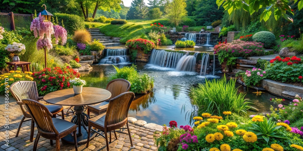 Poster Beautiful small food garden by river with waterfall, surrounded by flowers and outdoor seating area, garden, food, river