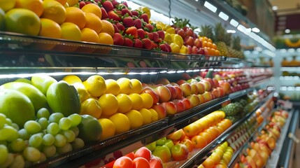Fruits and vegetables on shop stand in supermarket