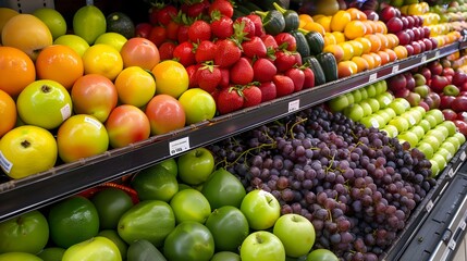 Display of fruits and vegetables on a shop stand in supermarket