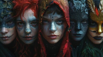 Obraz premium A group of women with painted faces, one of which has a skull on it