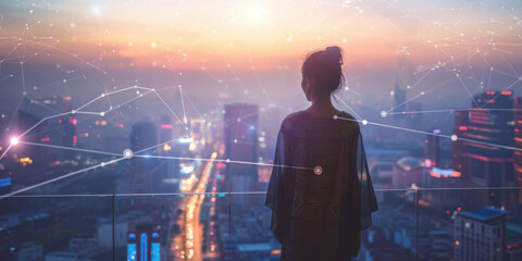 Women In Traditional Cloth Overlooking Futuristic City Skyline
