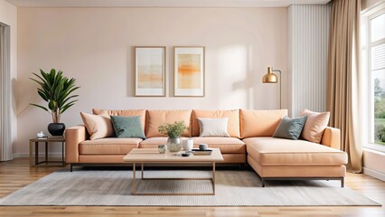 Minimalist living room with big cozy sofa, peach color scheme, and square coffee table , modern, interior, minimal, poster, wall