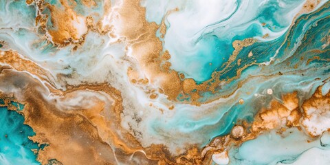 Obraz premium Seafoam and metallic copper alcohol ink creating beautiful marble-like swirls , abstract, texture, vibrant, colorful
