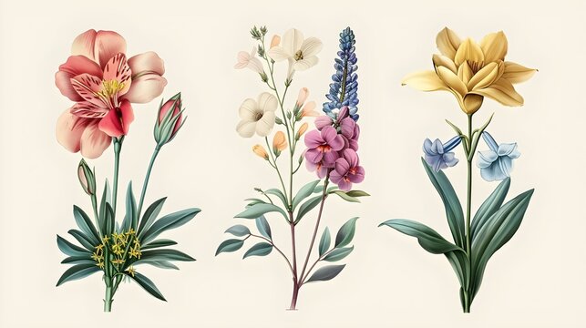 Vintage artwork and retro graphic design set of botanical elements