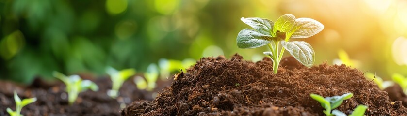 Close-up of a young green plant sprouting from fertile soil in a sunny garden, symbolizing growth, new beginnings, and nature.