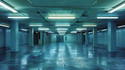 A large, empty room with a blue ceiling and white walls