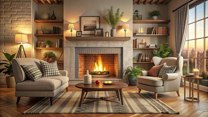 Cozy living room setting with a crackling fireplace , home, interior, decor, fireplace, warm, comfort, relaxing, cozy, inviting