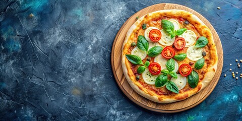 Baked pizza with mozzarella, tomatoes, and basil on wooden tray, pizza, food, fresh, delicious, Italian, cuisine, cheese, oven