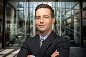Proud portrait of businessman near office.