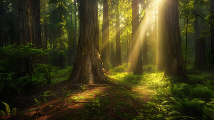 Obraz premium Sunbeams Illuminating Majestic Redwood Forest