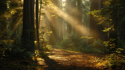 Fototapeta premium Sunbeams Illuminating Majestic Redwood Forest