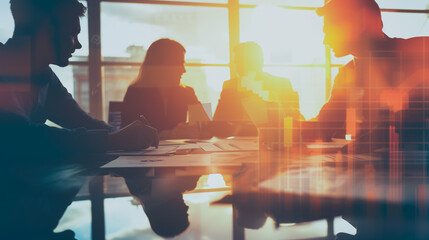 Professional business team working on a project together in the office Using economic growth charts and network connections to accompany the data. in Innovation analyzing future trends