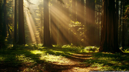 Obraz premium Sunbeams Illuminating Majestic Redwood Forest