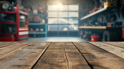 An empty wooden table with a blurred background of a car workshop