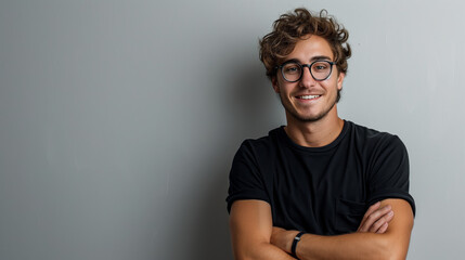 Obraz premium Portrait of a happy smiling young man in a black t-shirt and glasses standing with his arms crossed looking at the camera over a white background