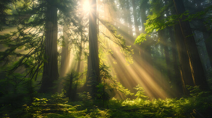 Fototapeta premium Sunbeams Illuminating Majestic Redwood Forest