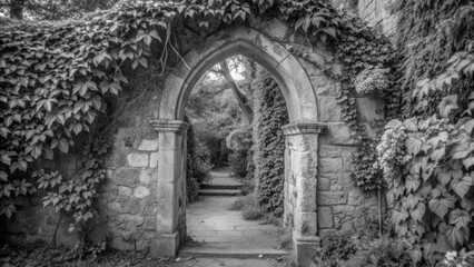 A weathered wooden door set within a grand, stone archway of a historical European building