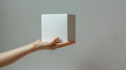 A woman is holding a white box in her hand