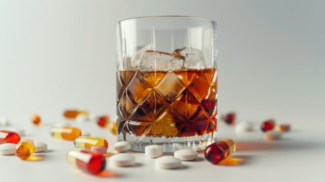 Whiskey glass and pills on white background Abuse of alcohol with whiskey glass with ice and pills medical concept