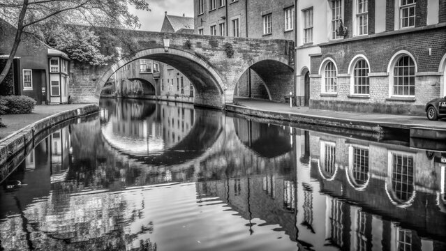 Fototapeta A black and white photo captures a historic stone bridge arching over a canal lined with ancient buildings in a European city