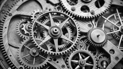Close-up of an old clock mechanism showcasing intricate metal gears and cogs in motion, highlighting vintage engineering and the beauty of mechanical design