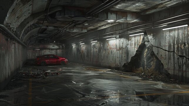 A red car is parked in a parking garage with a large hole in the wall