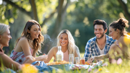 Friends enjoying a picnic in a park, sharing laughter and snacks under the sun. Joyful moments of friendship and fun