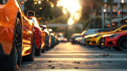 A row of cars are parked on a street with the sun shining on them