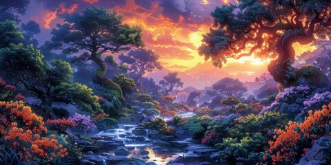 Fototapeta premium A beautiful landscape at sunset with purple colors over water.