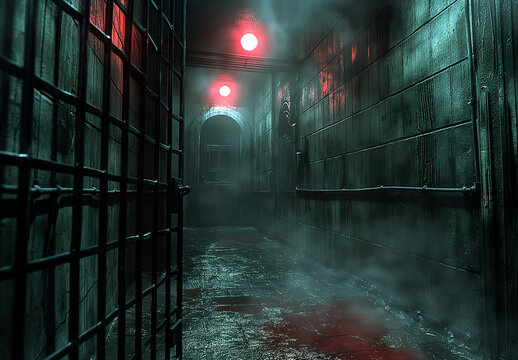 A mysterious old empty corridor with iron grid doors and moonlight passing through, showing ancient architecture.