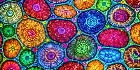 Close-up view of colorful biological cells under a microscope, biology, science, microscope, cellular, magnification