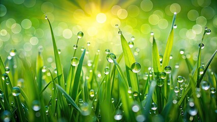 Fototapeta premium Water drops glistening on vibrant green grass, nature, fresh, dew, morning, wet, close-up, environment, droplets, organic