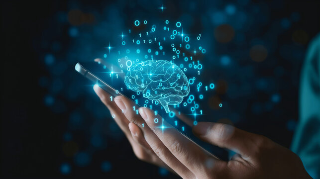  Business hand on phone, brain graphic, binary code, blue tech