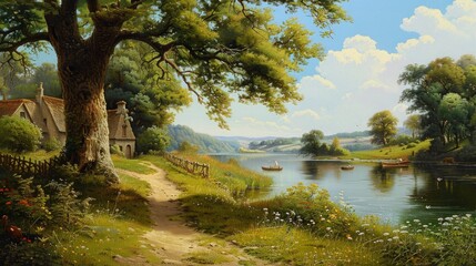 A painting of a rural scene with a house, a tree, and a river