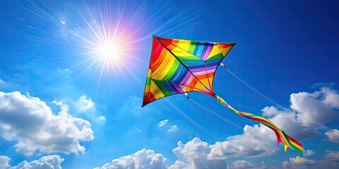 Colorful kite flying high in the clear blue sky on a sunny summer day , kite, flying