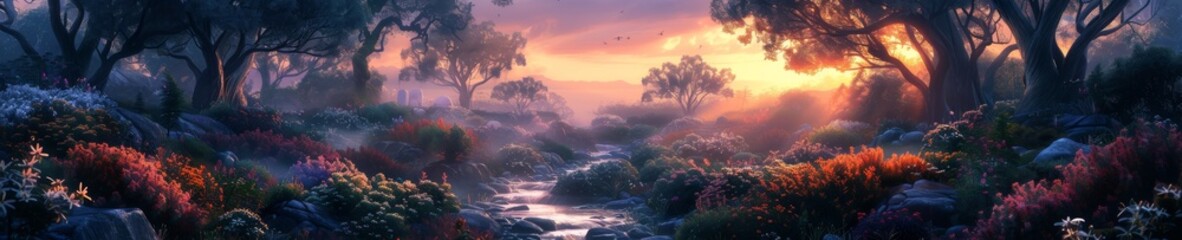 Fototapeta premium A beautiful landscape at sunset with purple colors over water.