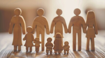 A family of wooden figures are standing together on a wooden table