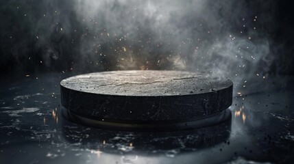Dark Background Black Stone Podium With Smoke And Sparks Emitting Dramatic Effect