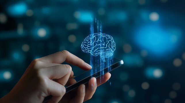 Business hand pressing phone, brain graphic, blue binary code 