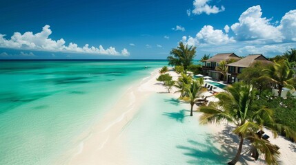 Naklejka premium A beautiful beach with palm trees and a clear blue ocean