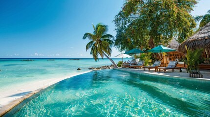 Fototapeta premium A beautiful beach with a pool and palm trees