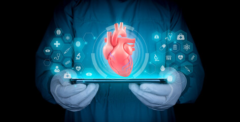 The doctor analyzes the human heart through a hologram projected from his tablet. Concept of...