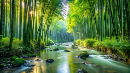 Serene stream flowing through a lush bamboo forest , bamboo, forest, nature, water, stream,...